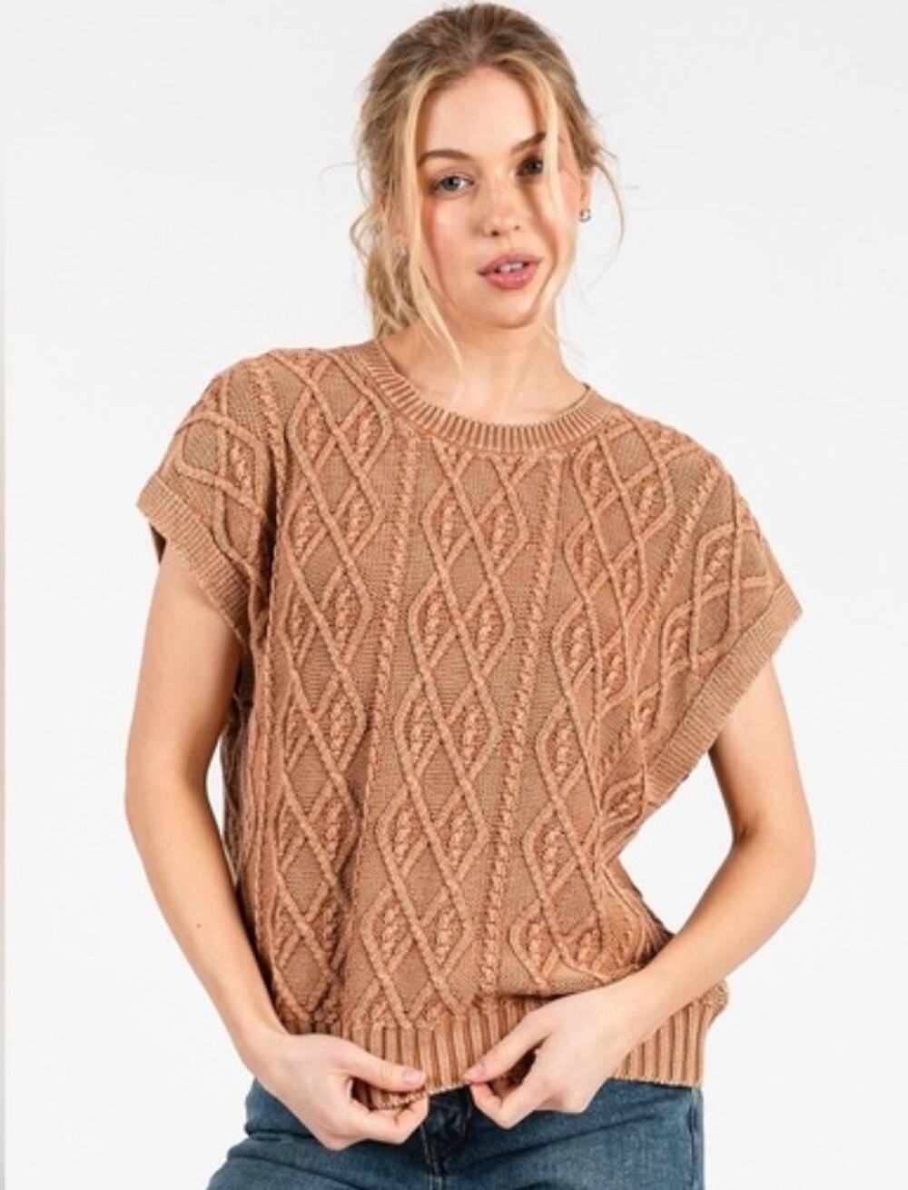 Mittoshop Cable Knit Sweater Womens Large Mauve Cap Sleeve Textured Knit Top